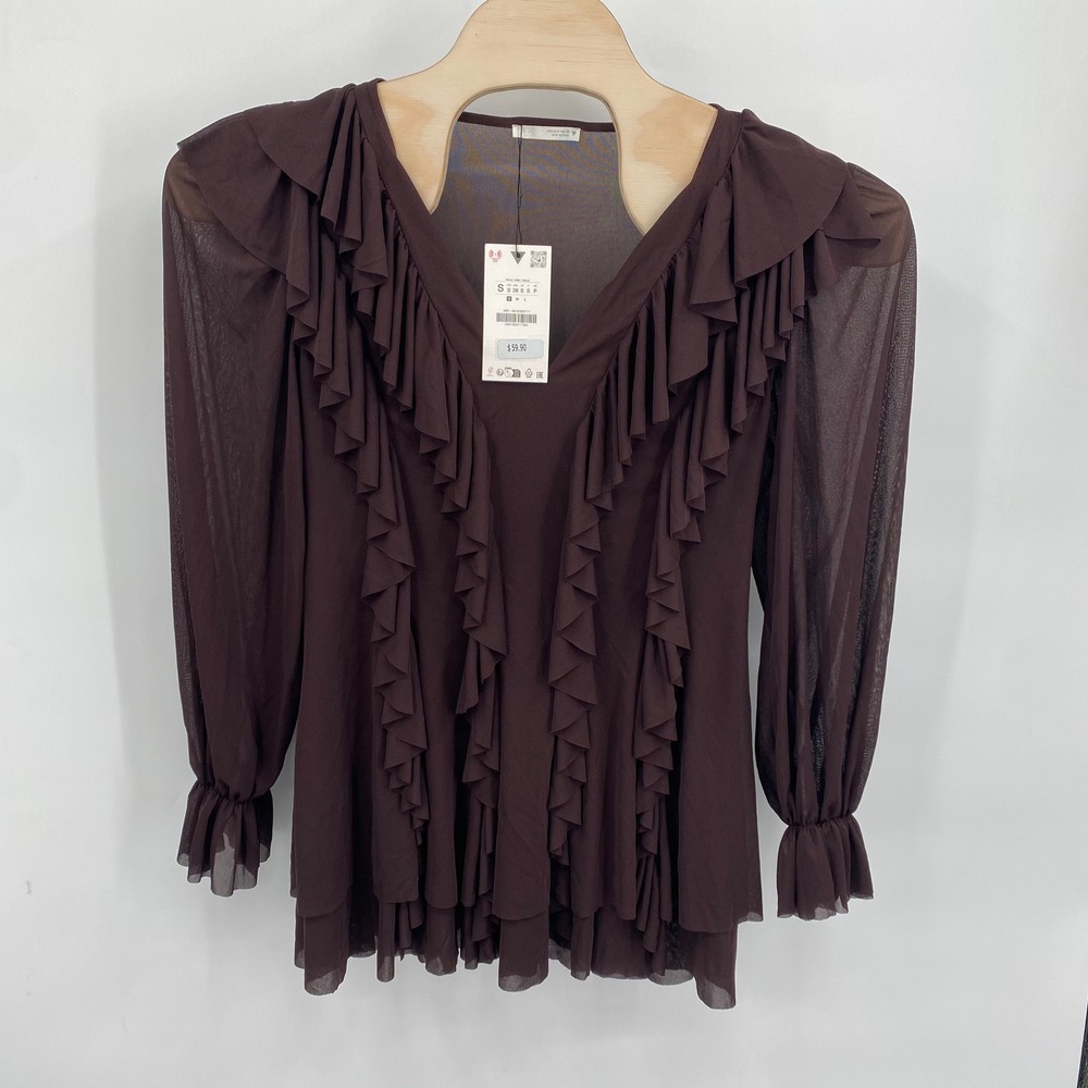 ZARA‎ Womens Size S Long Sleeve Top Brown Ruffled
